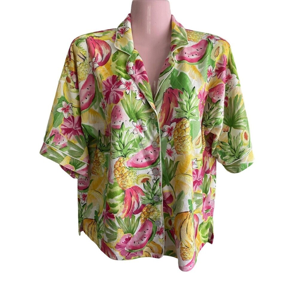 P.J. Salvage Pajama Top Womens Small Tropical Fruit Floral Button Shirt Hawaiian